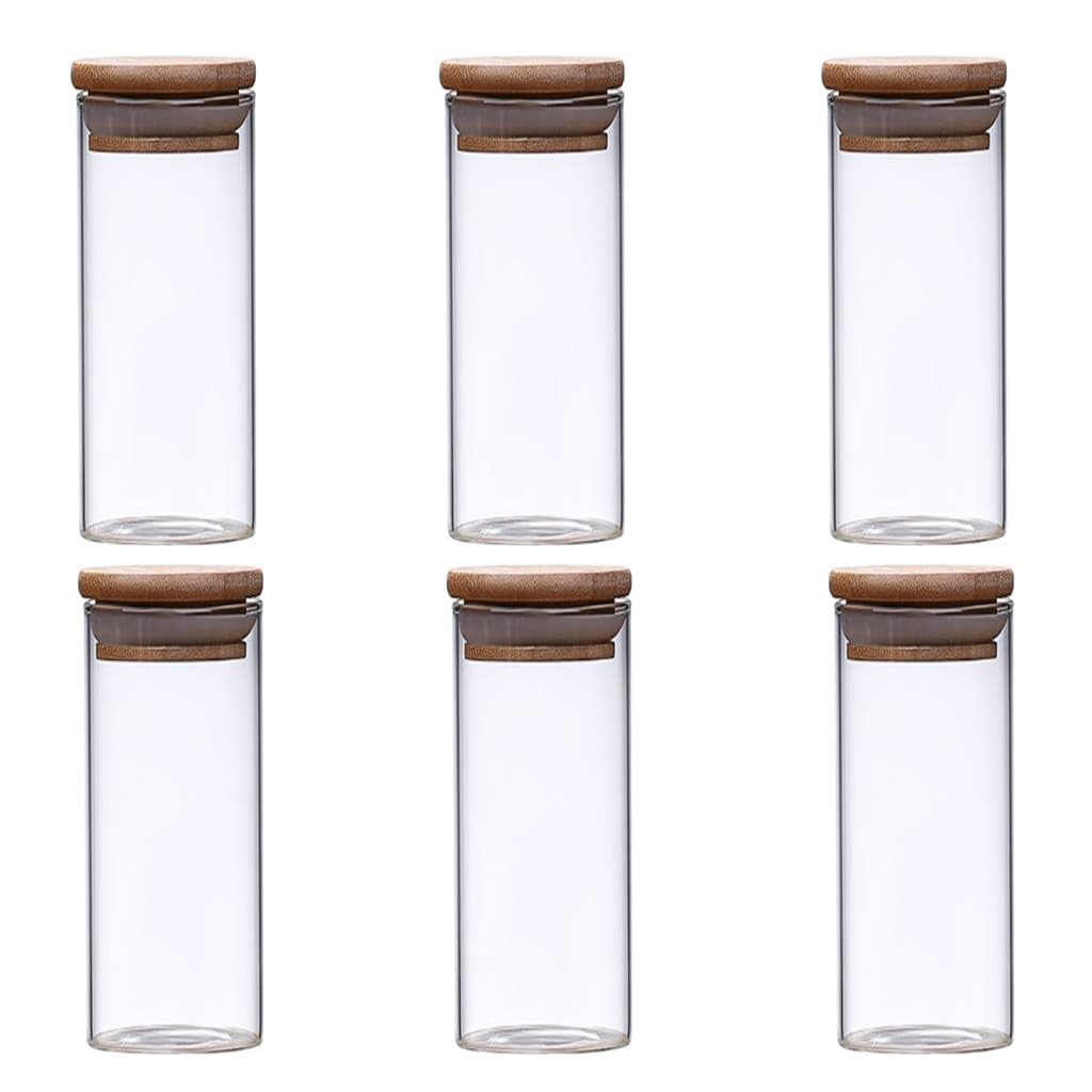 Kit 6 Potes Herméticos Organizadores de Vidro Com Tampa de Bambu Biscoitos Alimentos  600ml