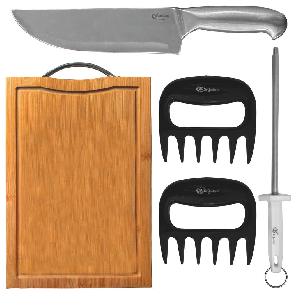 Kit de Churrasco Faca Linha Texas 8 Polegadas Chaira Garra de Urso Desfiador Tábua Bambu