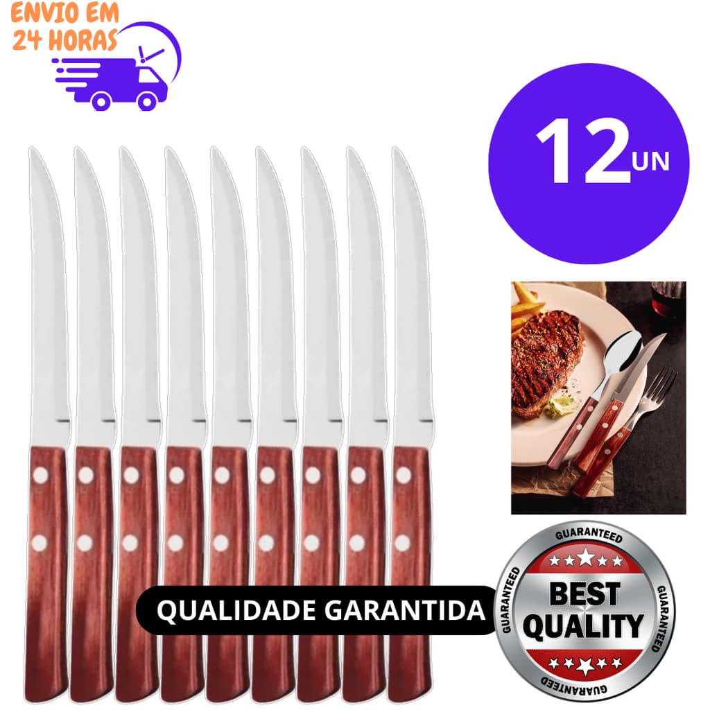 Jogo 12 ou 6 Peças De Faca Talher de Mesa Cabo Madeira em Aço Inox Restaurante Jantar