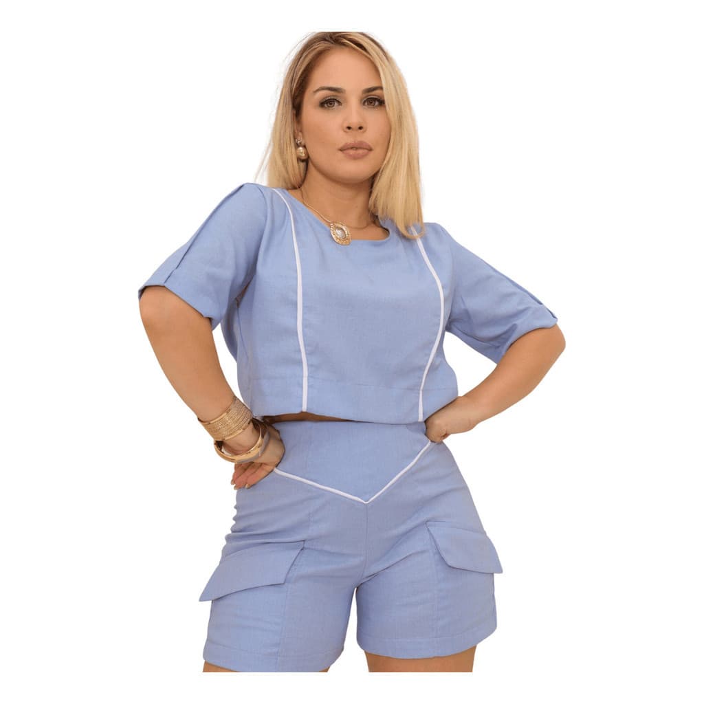 Conjunto Elegante  Feminino De Blusa Curta Cropped E Shorts Bermudinha Em Linho Premium Viscose