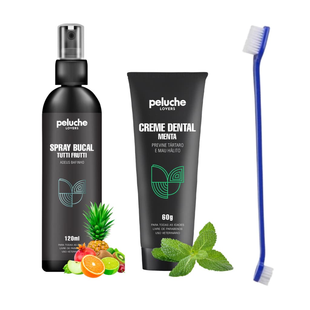 Kit Higiene Bucal Pet Spray + Creme Dental + Escova Cães E Gatos - Menta