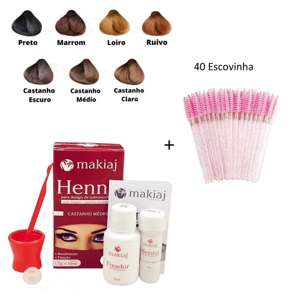 Sobrancelha Henna Makiaj Completo Gel Fixador 7 Cores 1 Henna+450 Escovinha