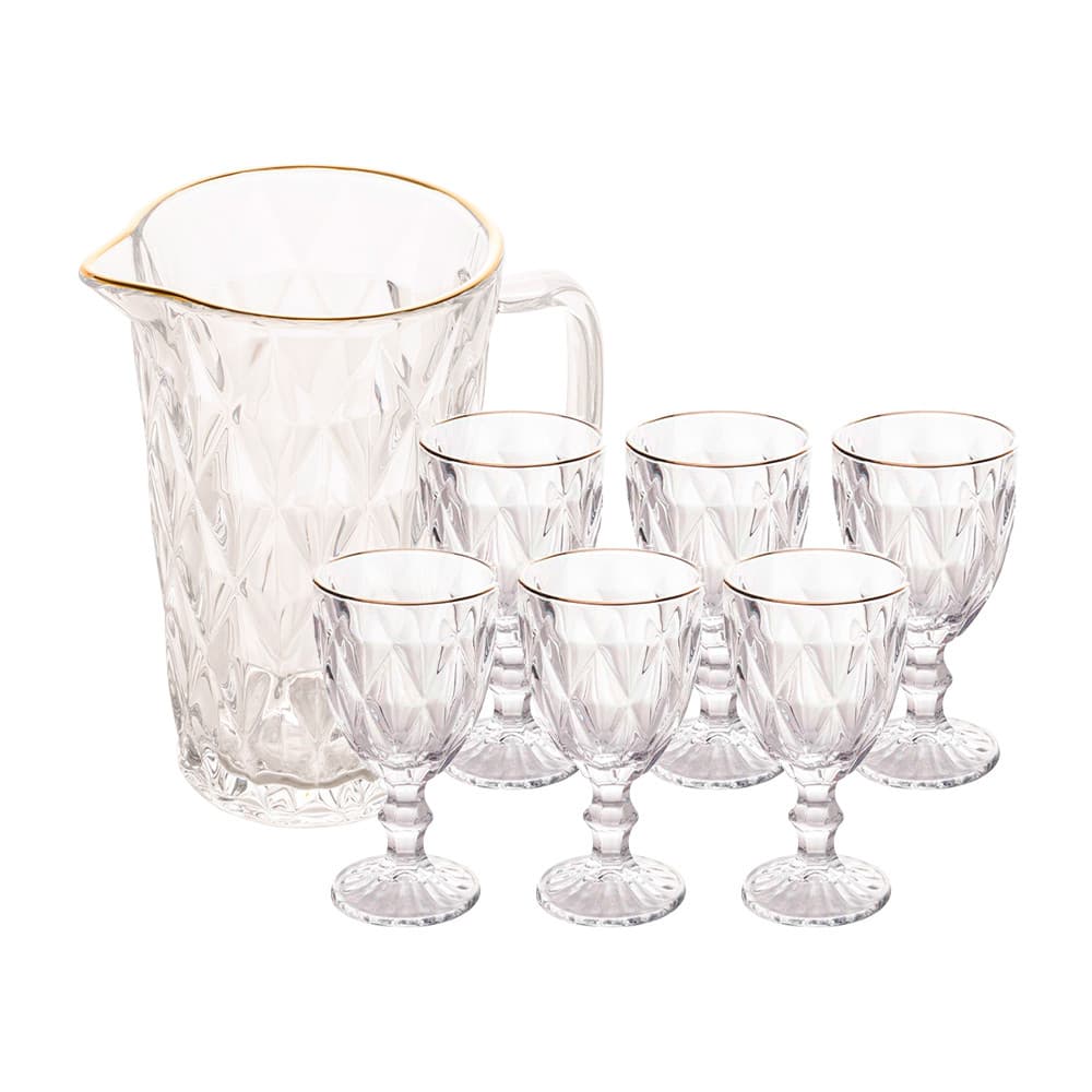 Jogo Jarra 1L Diamond com 6 Taças de Vidro 325ml Fio de Ouro Borda Dourada Água Suco Lyor