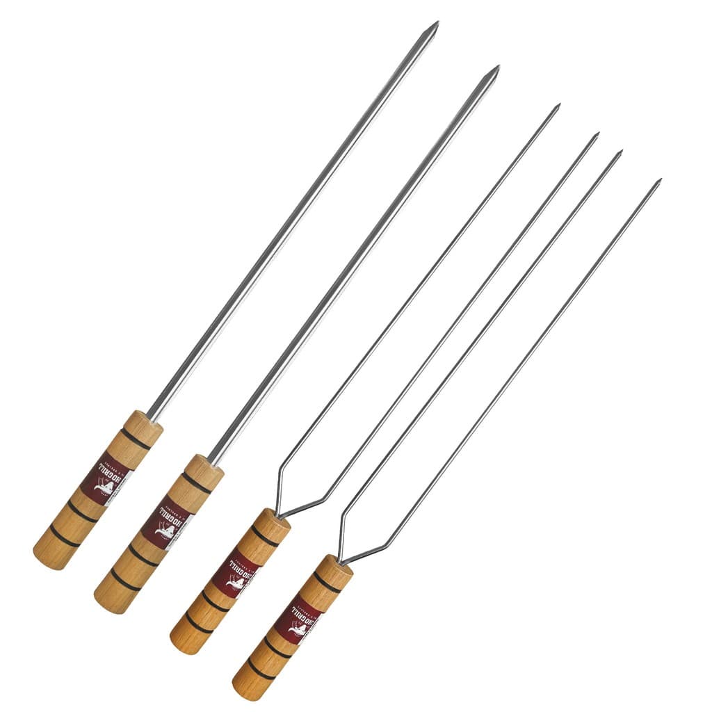 Kit Churrasco 4 Espetos 55cm Aço Inox Cabo Madeira 2 Simples e 2 Duplos
