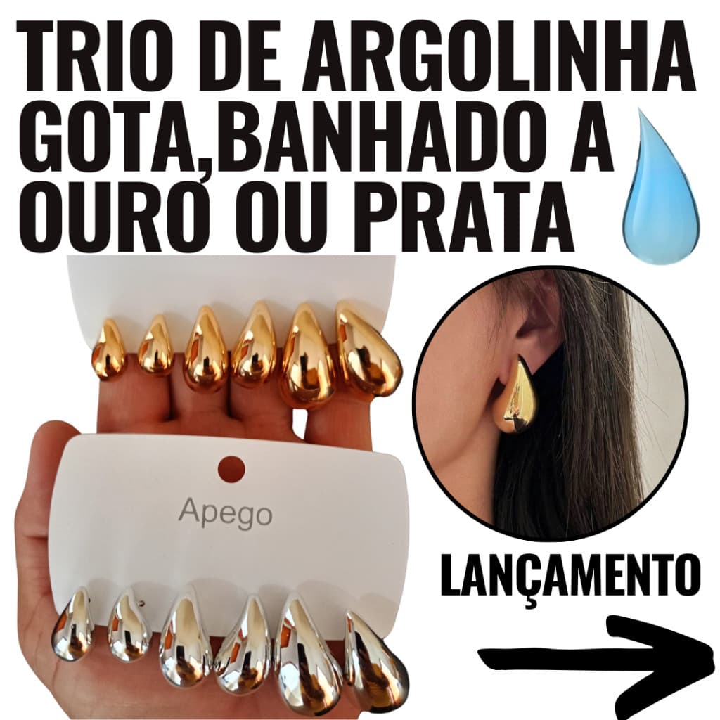 Kit Com 3 Brincos Gota D'Agua Virgula Elegante Dourado Ou Prata Folheado Moda Blogueira