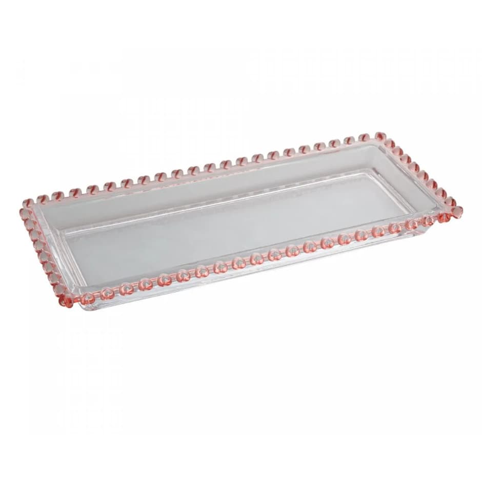 Travessa Retangular de Cristal Coração Borda Rosa 30cm x 13cm x 3cm - Lyor