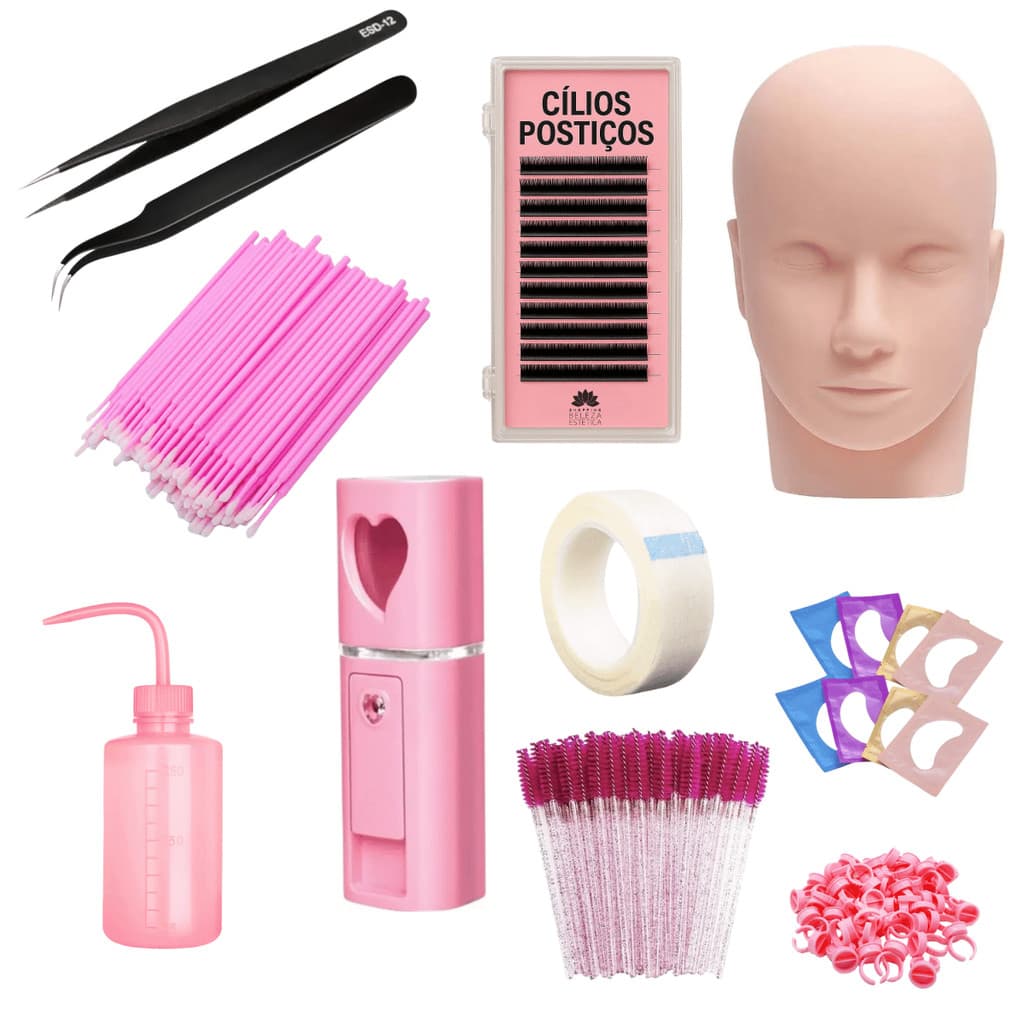Kit Extensão Cílios Profissional Iniciante com Pinças, Nano Spray, Microbrush, Pads, Batoque e Cabeça de Silicone