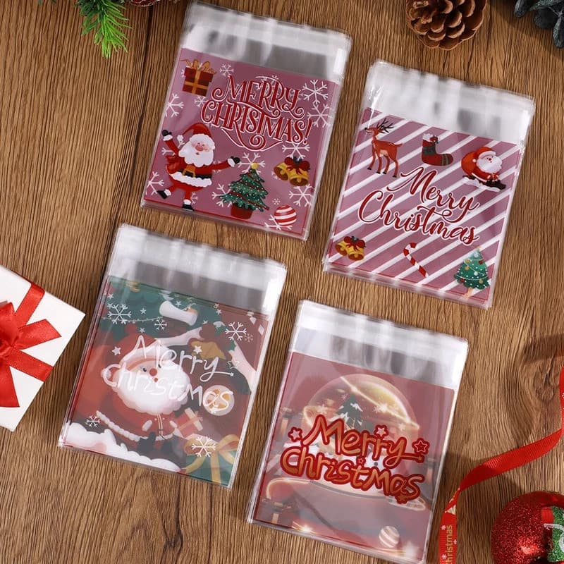 100 peças/Conjunto de Sacos para Biscoitos e Doces de Natal, Embalagem de Presente Autoadesiva, Saco para Biscoitos e La