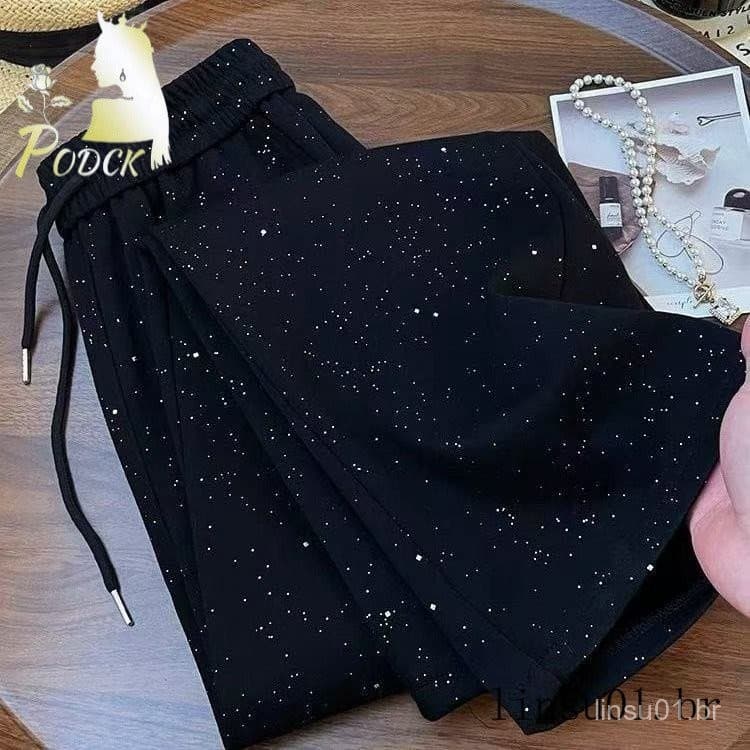 Calças Longas Casuais Femininas Soltas Plus Size Céu Estrelado Brilhante Cintura Alta Perna Reta