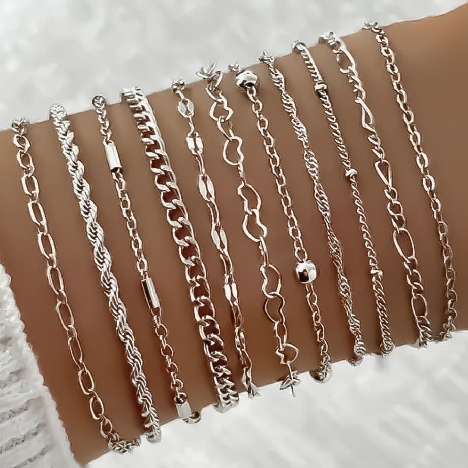 11 Pçs/Set Elegante Feminino Ouro Metal Oco Amor Torção Prata Corrente Pulseira Jóias Requintadas Ins Menina Novo