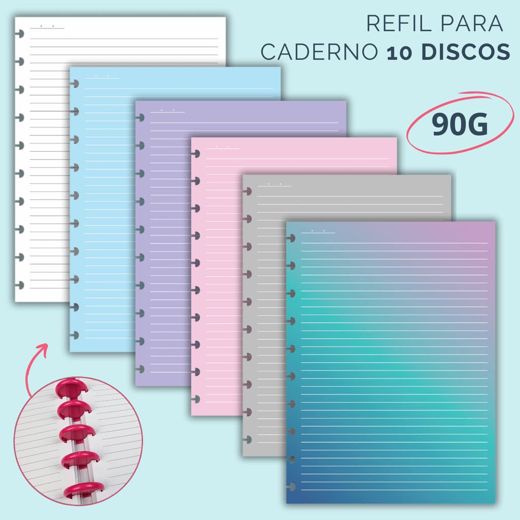 Refil Pautado para Caderno de 10 Discos (B5) - 50 Folhas - Cores Variadas