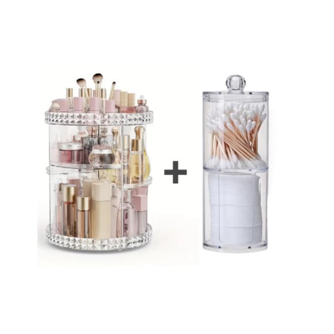 Kit De Organizador De Cosmético Maquiagem Acrílico Giratório 360º + Organizador Acrílico Porta Algodão E Cotonete 2 Em1