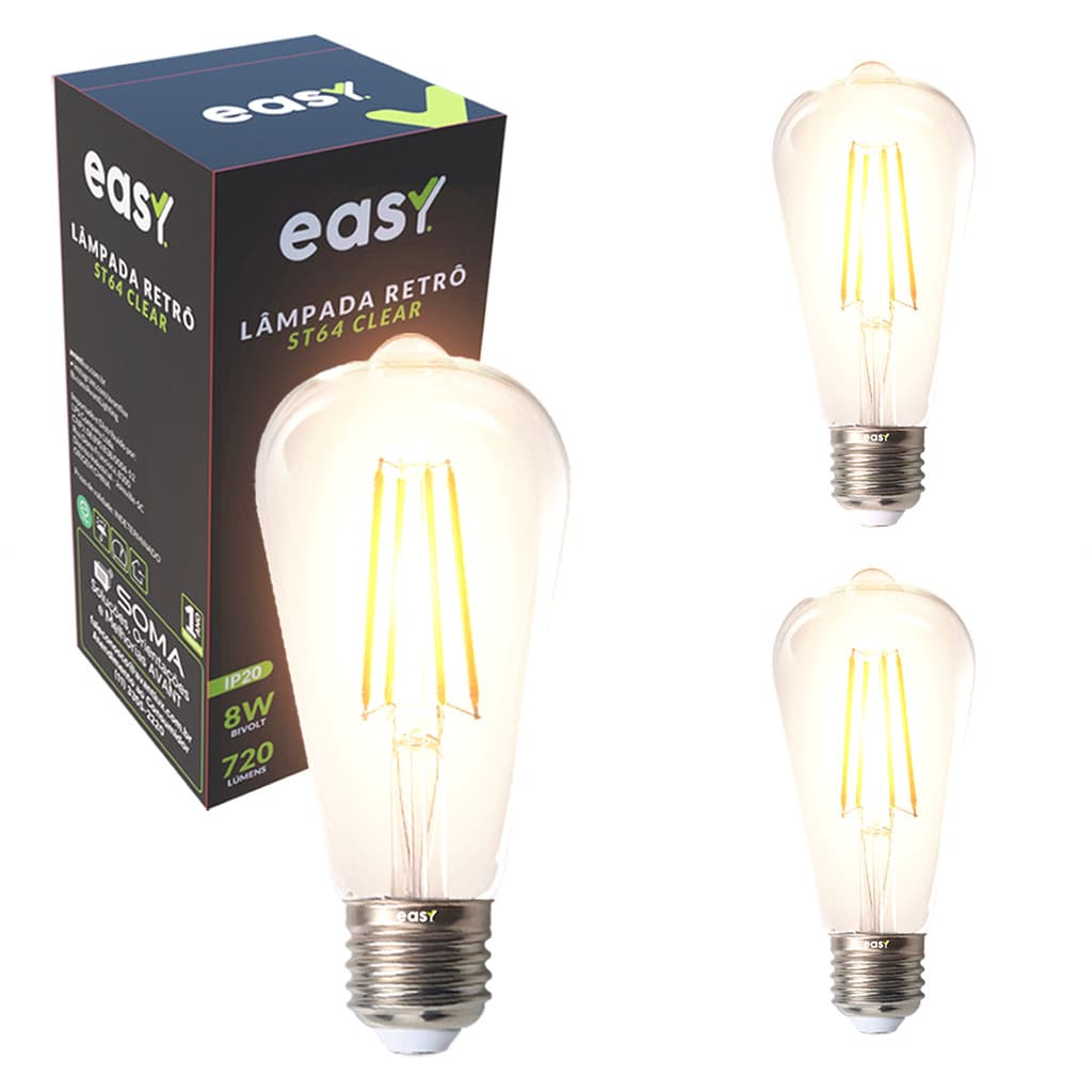 Kit 3 Lampadas Led ST64 Clear 8w Luz Quente 2400k E27 Bivolt 110v/220v Easy