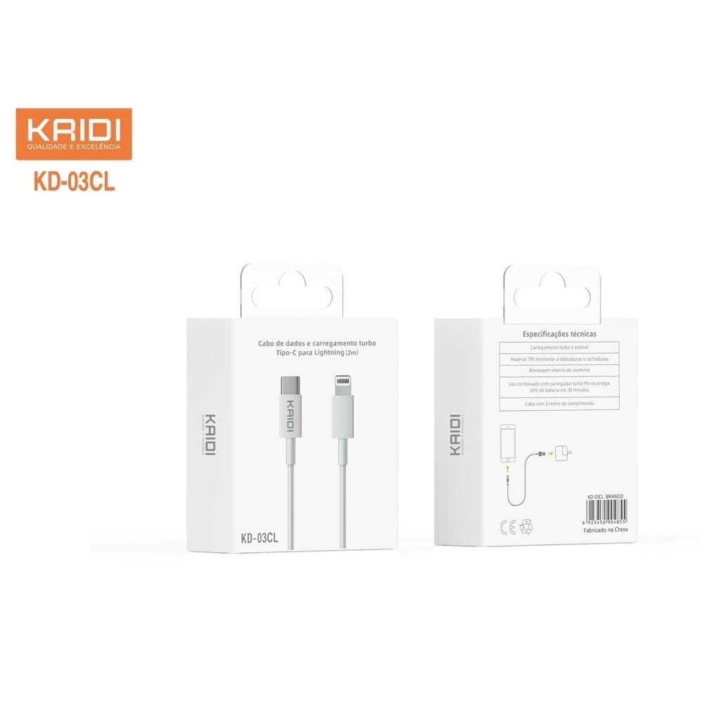 Cabo de dados e carregamento turbo KIDI Tipo-C para Lightning (2m) ou Tipo-C e Tipo C (2m)