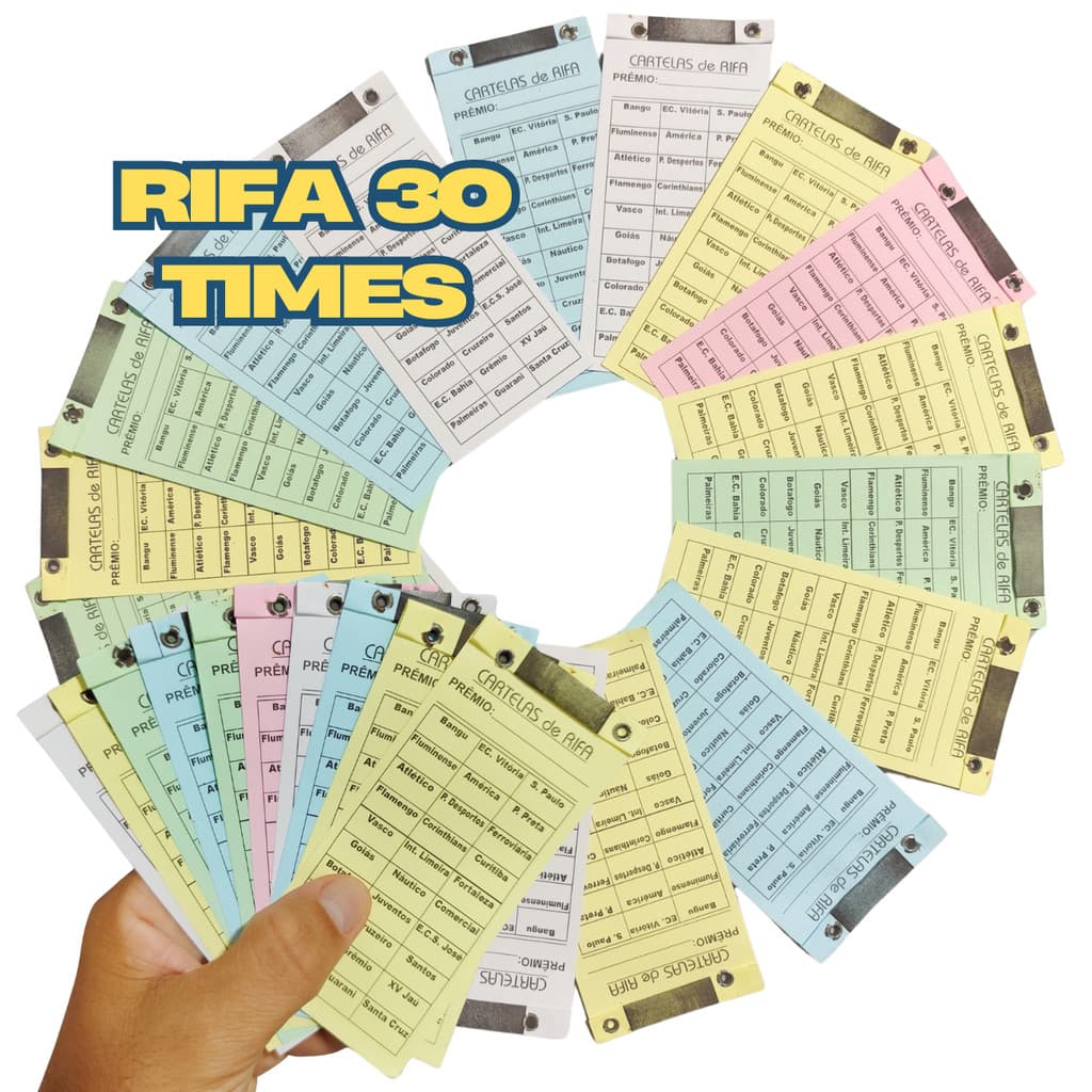 5 10 20 50 Cartela de Rifa Sorteio de 30 Times clubes futebol