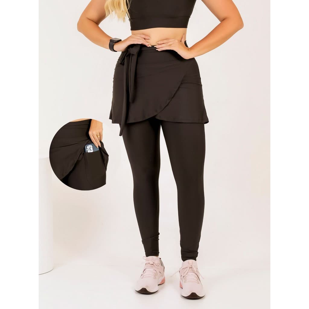 Calça Legging Saia Com Bolso Moda Fitness Laço Academia Caminhada Moda Evangélica Treino Ginástica Musculação Corrida