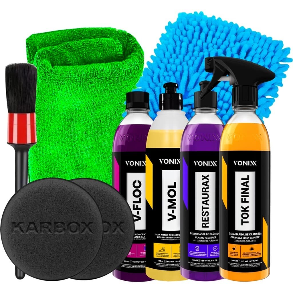 Kit Vonixx Estética Automotiva Shampoo V-Floc V-Mol Restaurax Cera Tok Final e Acessórios Karbox