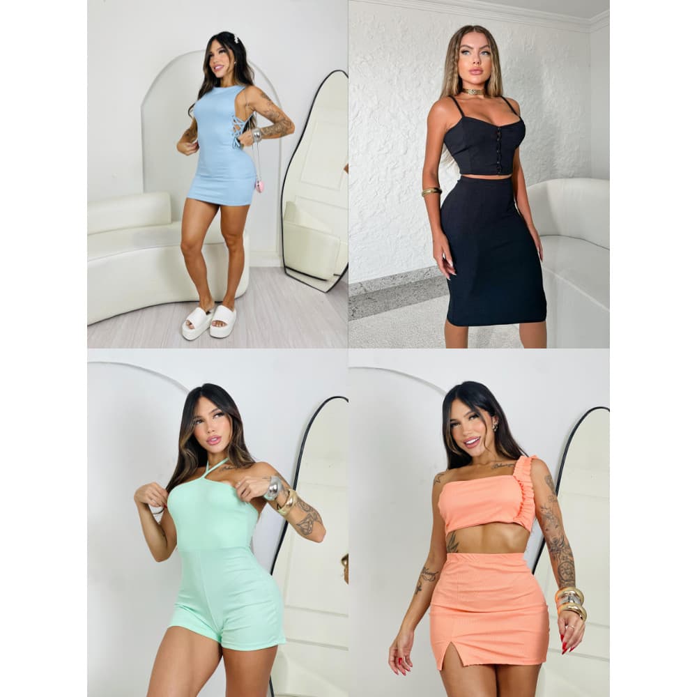 Kit Roupa Feminina 4  peças - 1 Vestido Canelados + 1 Macaquinho Canelado + 2 Conjuntos Canelado