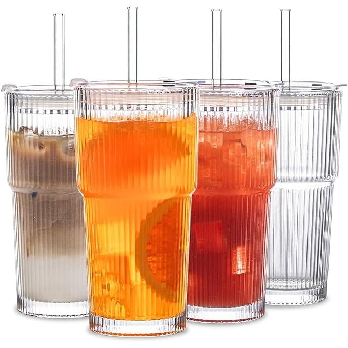 Copo De Vidro Canelado Com Tampa E Canudo Grosso Muito Adequado Para Café Gelado/Suaves/Caudas Sucos
