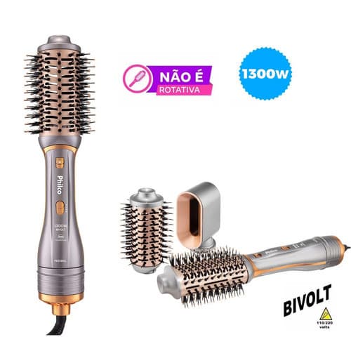 Escova Secadora Philco PES19SG 1300W Bivolt 3 Acessórios Seca Alisa Modela e Dá Volume