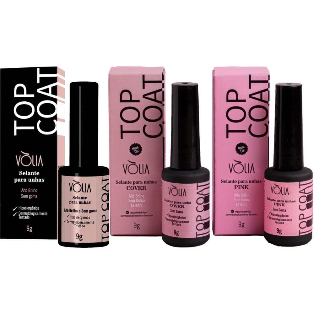 3UN Selante Unhas Gel Top Coat Clear  Pink e Cover 9g Volia