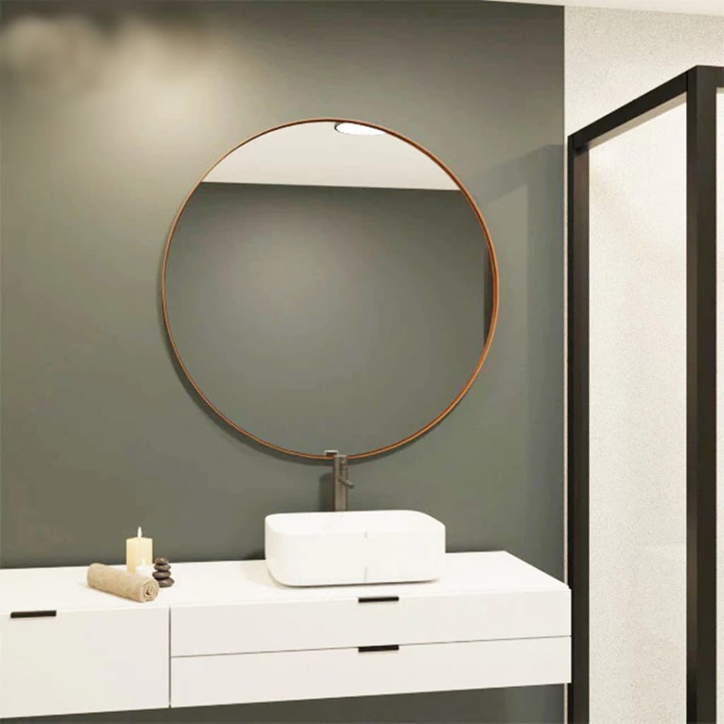 Espelho redondo gigante de parede para salão de barbearia com moldura decorativa nas cores preto ou dourado metalizado.