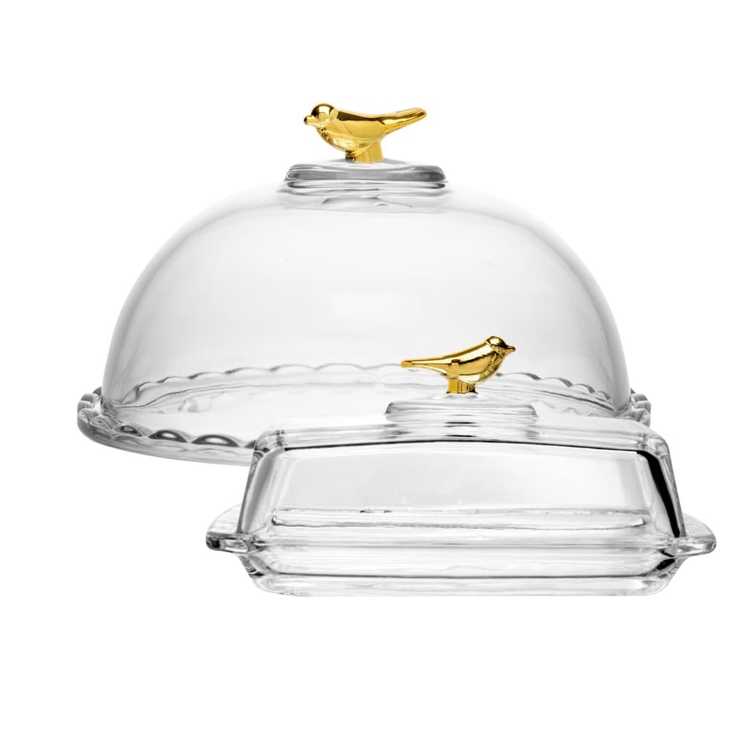 Kit Queijeira 20cm e Manteigueira 18x10cm Golden Bird Cristal Wolff