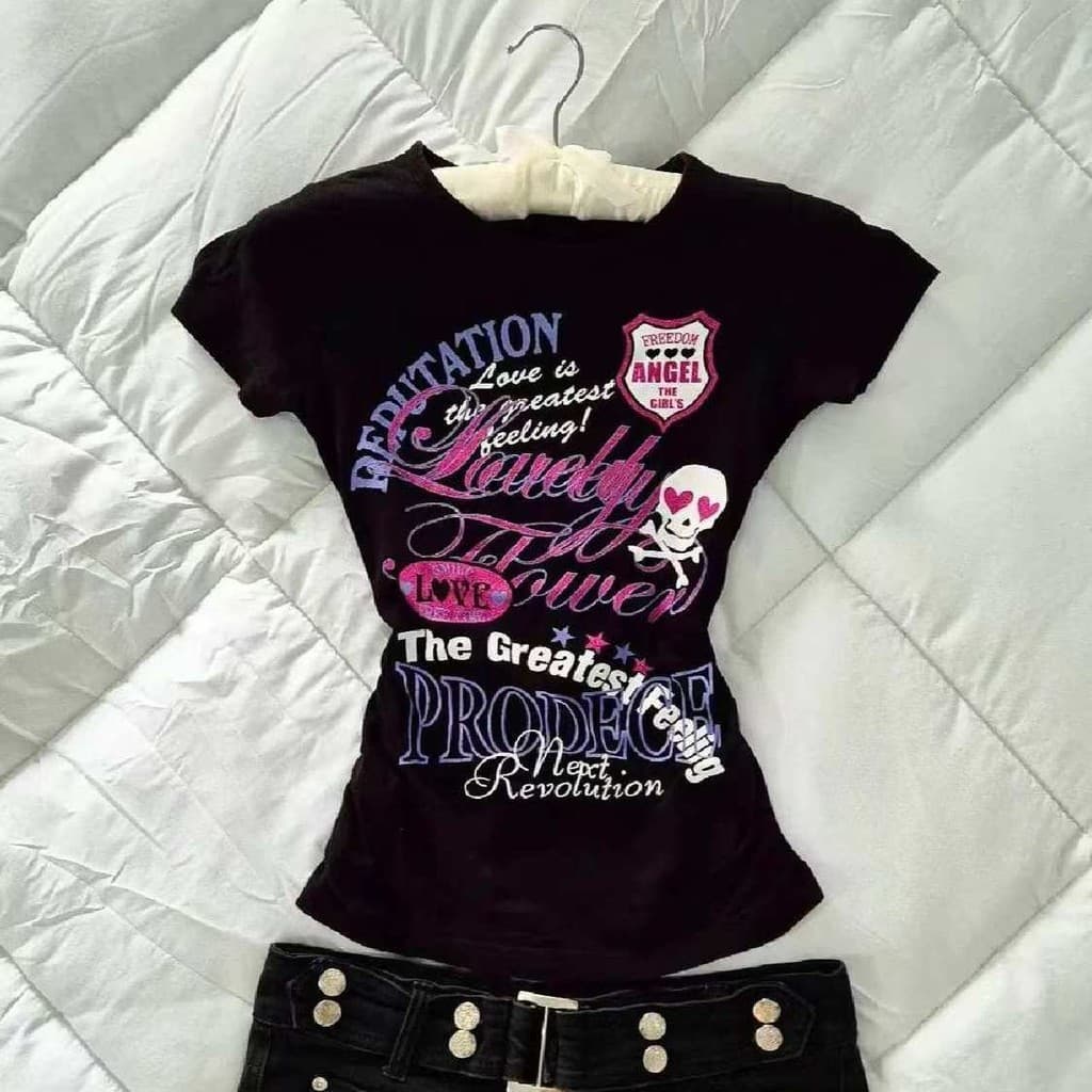 Camiseta Feminina Chique Colorida Com Estampa De Caveira Emagrecedora Y2K Manga Curta