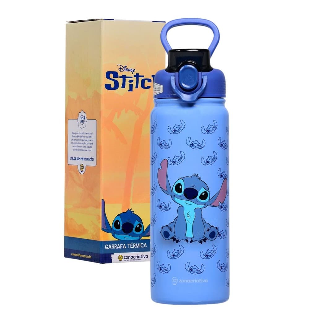 Garrafa Térmica Stitch Disney 650ml | Aço Inox Azul | Parede Dupla | Anti-vazamento | Produto Oficial