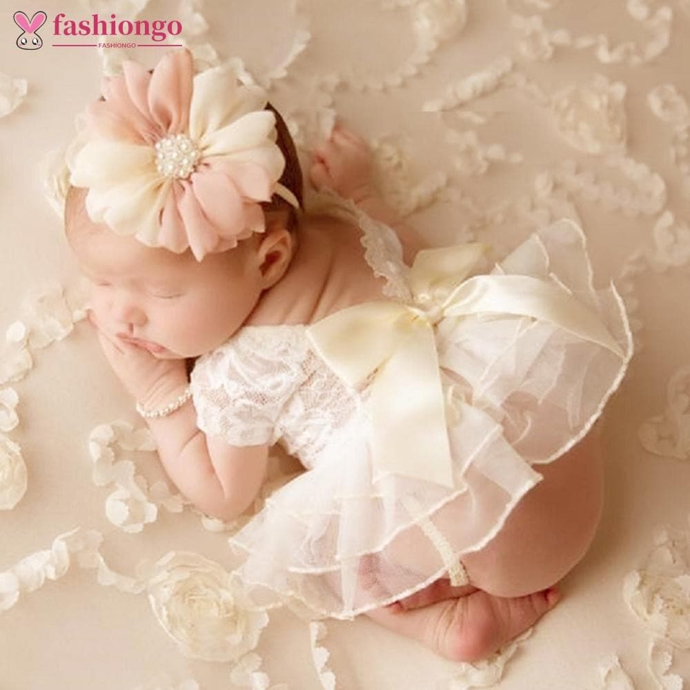 FASHIONGO Recém-Nascido Foto Adereços Macacão De Bebê Renda Sem Costas Roupas Da Criança Arte Fotografia Cocar Flor Meni