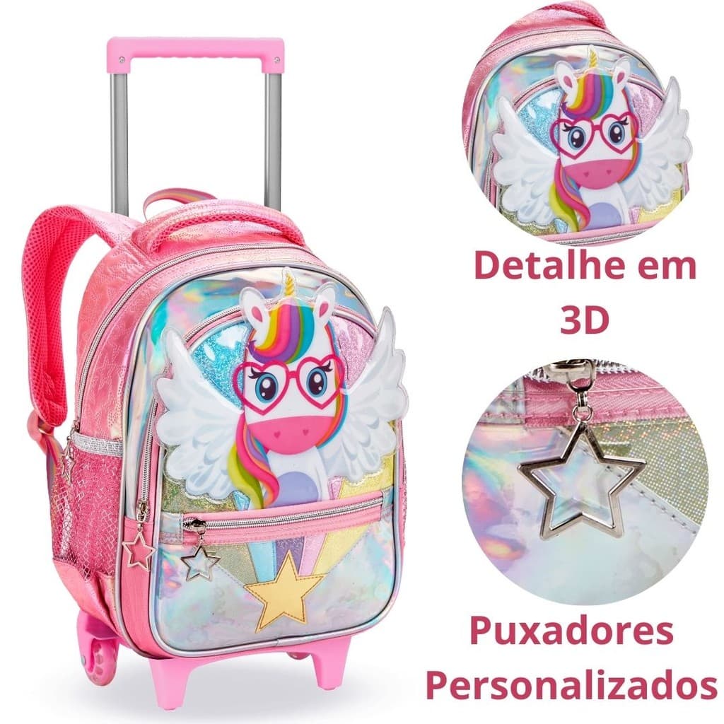 Kit Mochila, Lancheira e Estojo Escolar Unicórnio