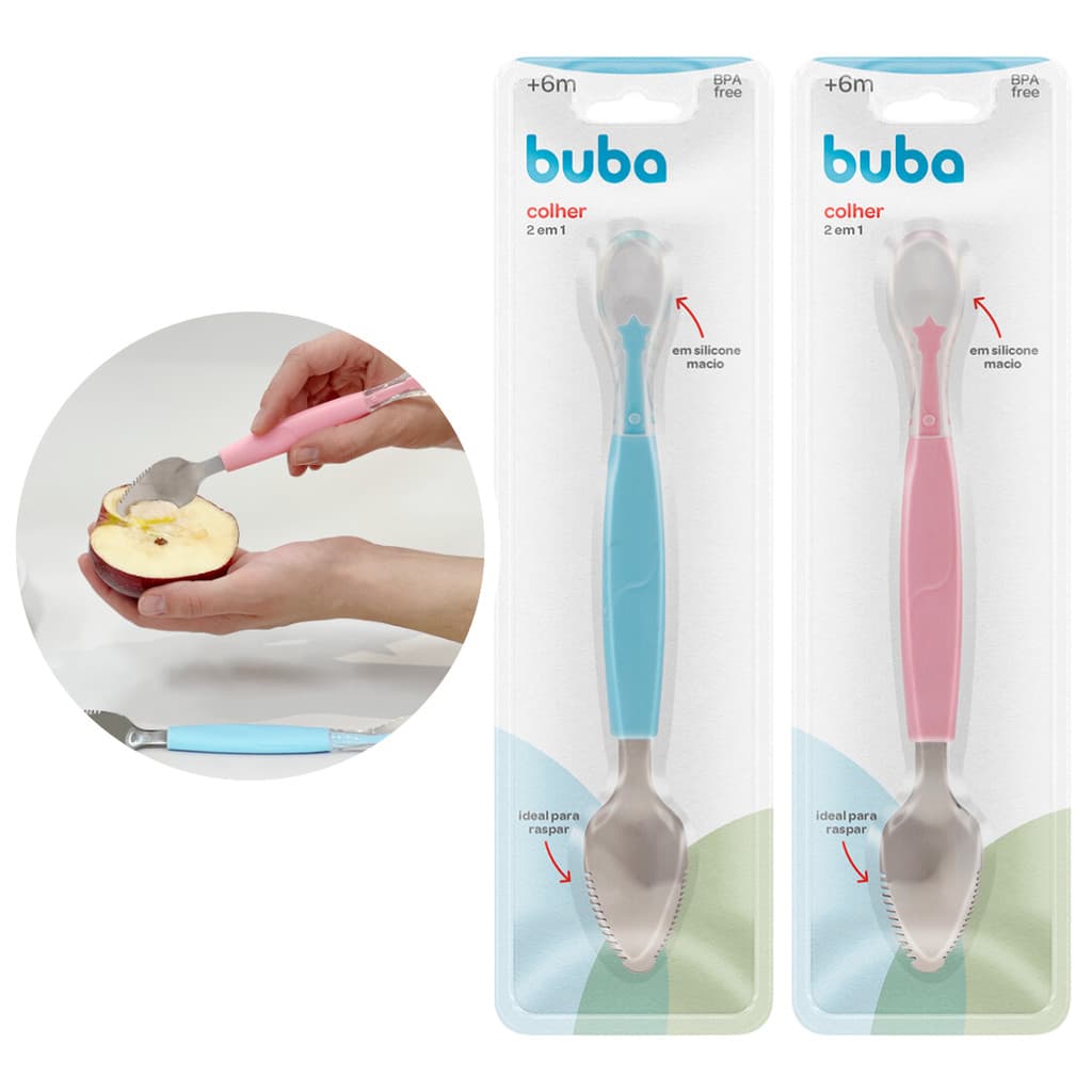 Colher Infantil Raspa Fruta 2 em 1 Inox e Silicone Buba Introdução Alimentar Bebê Criança