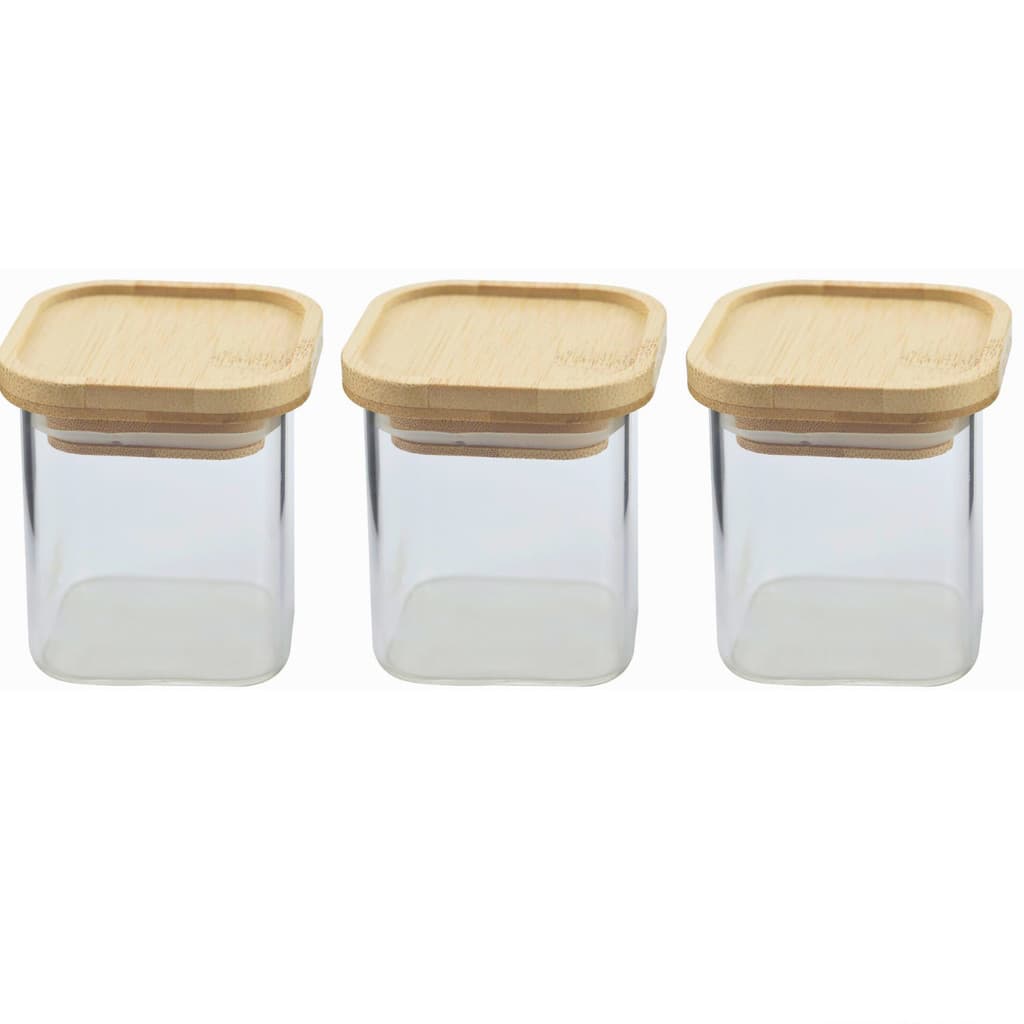 Jogo 3 Potes 150ml Vidro Boro Tampa de Bambu Quadrado Dynasty