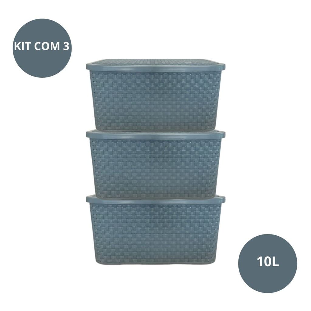 Kit 3 Caixas Organizadoras modelo RATTAN Cesto Tampa Multiuso 10L