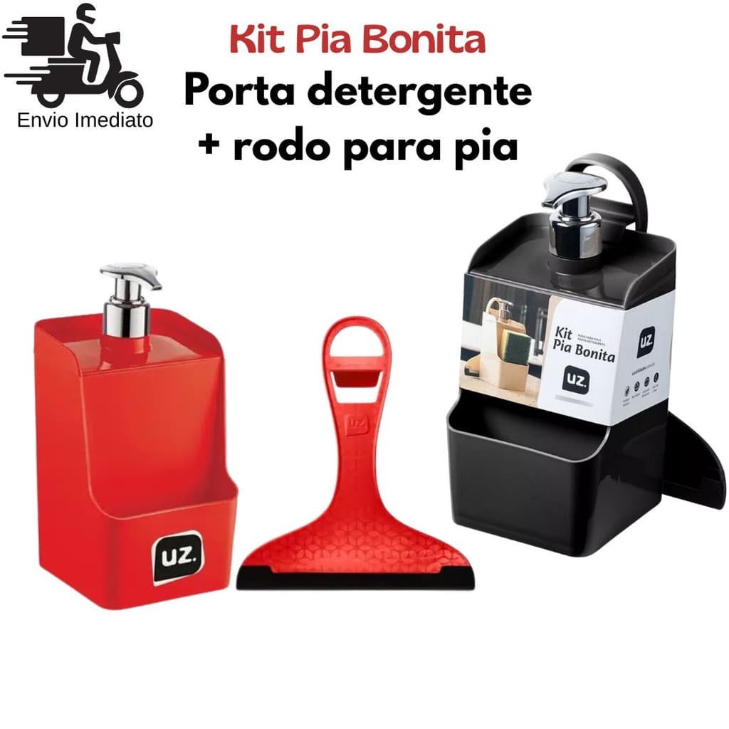 Kit Dispenser Porta Detergente 500ml Luxo + Rodinho De Pia Uz Utilidades