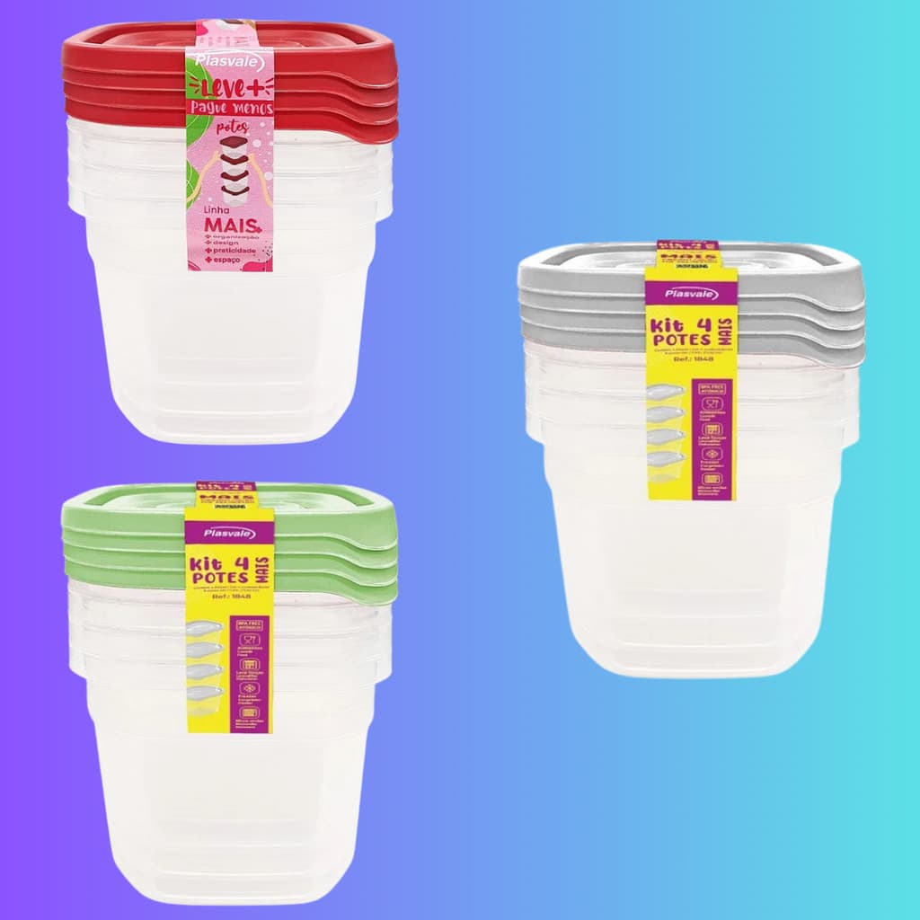 Kit com 4 Potes 530ml Linha Mais Organizando a Geladeira Ref:1848 Plasvale