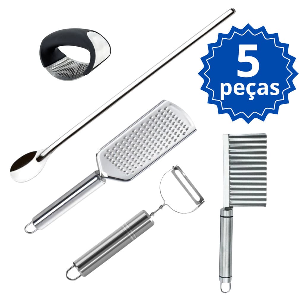 Kit Utensilios Amassador Alho Colher Suco Descascador Legumes Ralador Queijo Cesto Inox Multiuso
