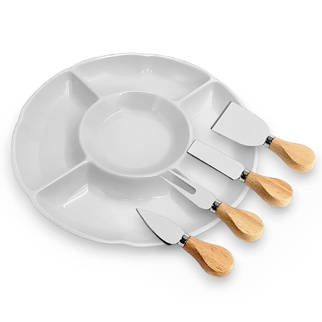 Kit Petisqueira 5 Divisórias + Utensílios P/ Queijo 4 Peças