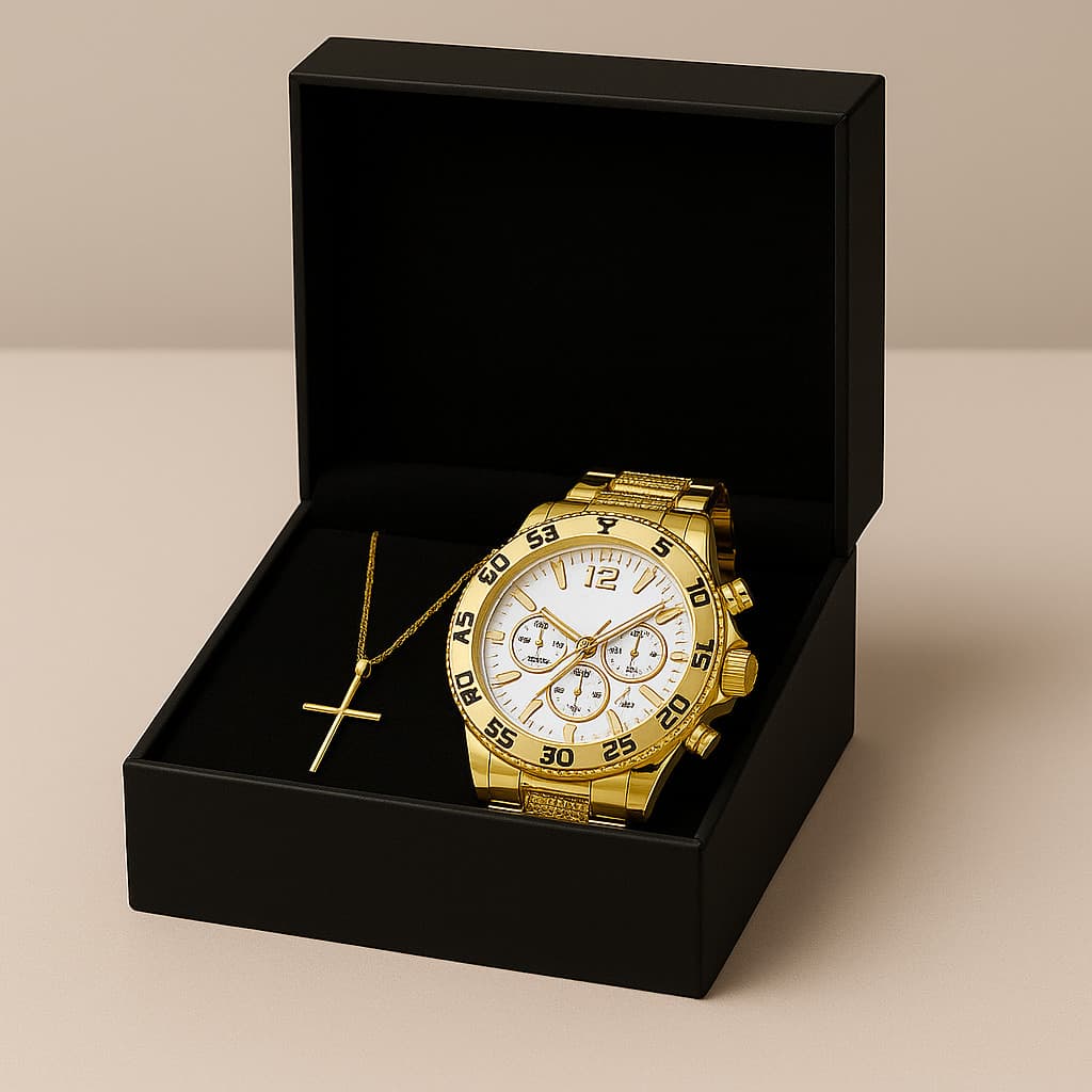 Relogio Masculino Aço Inox Banhado a Ouro + Pulseira Prata Dourada + Corrente Pingente Cruz Brilhante