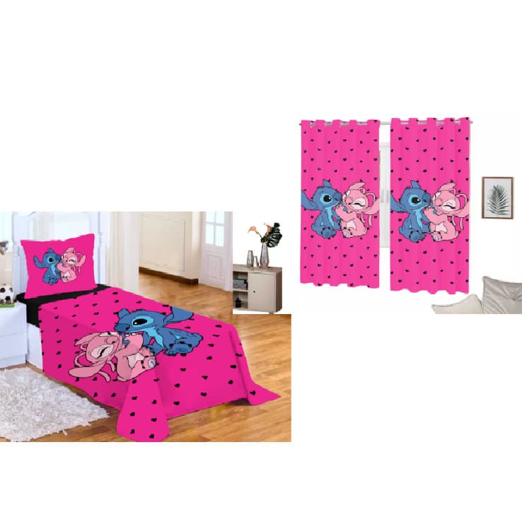 LENÇOL  SEM ELASTICO COM FRONHA + CORTINA LILO STITCH PINK CORAÇÃO