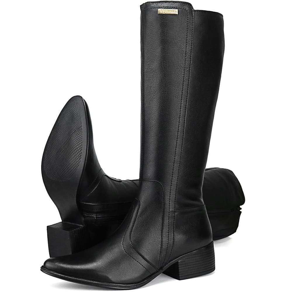 Bota Feminina Montaria Cano Longo Zíper Lateral Couro Nobre Preta