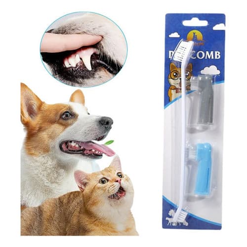 Kit Escova Dente Dupla + 2 Dedeiras para cães cachorros gatos Kit higiene pet