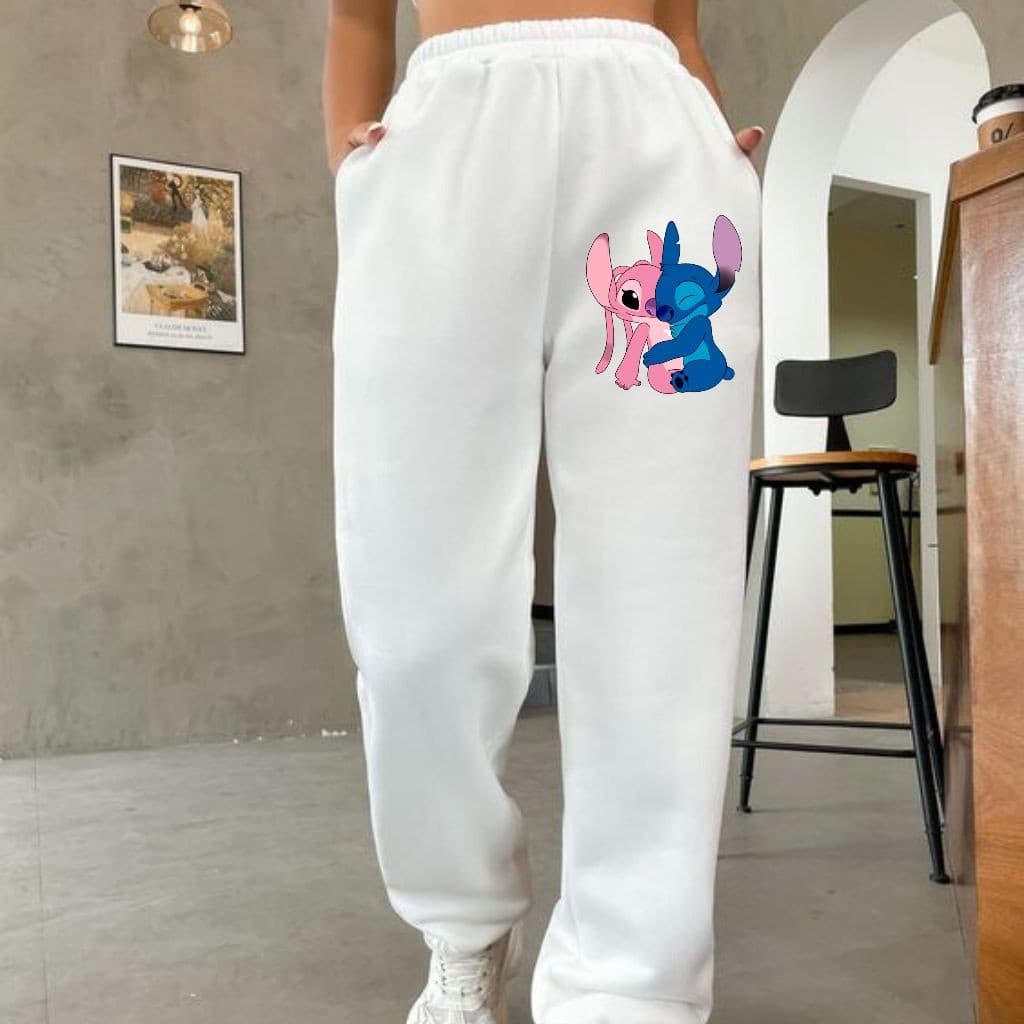 Calça Moletom Casual Algodão Stitch Angel Desenho Fofo Minimalista Streetwear Confortavel