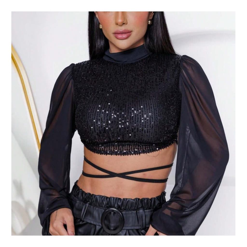 Cropped Feminino Manga Longa Tule Lantejoulas Poliéster