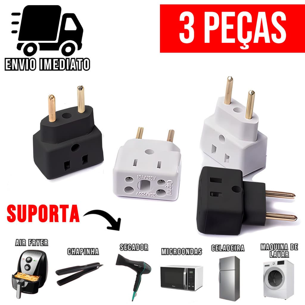 Kit 3 Adaptador de Tomada Ultra Resistente Porcelana para Secador Air Fryer Benjamin Bivolt 10A 20A