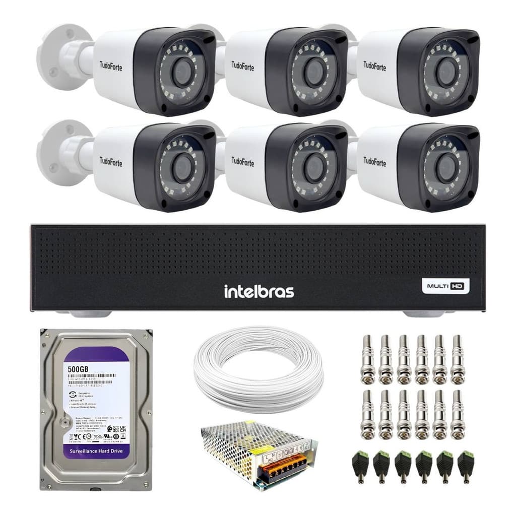 Kit 6 Câmeras Segurança Full HD DVR Intelbras 8 Canais Com HD Completo