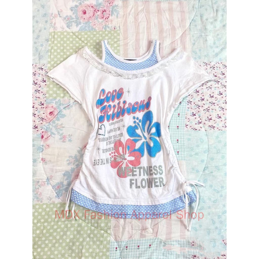 Camiseta Americana Retrô Vintage Azul E Branca Patchwork Contrastante Para Mulheres Verão Fora Do Ombro