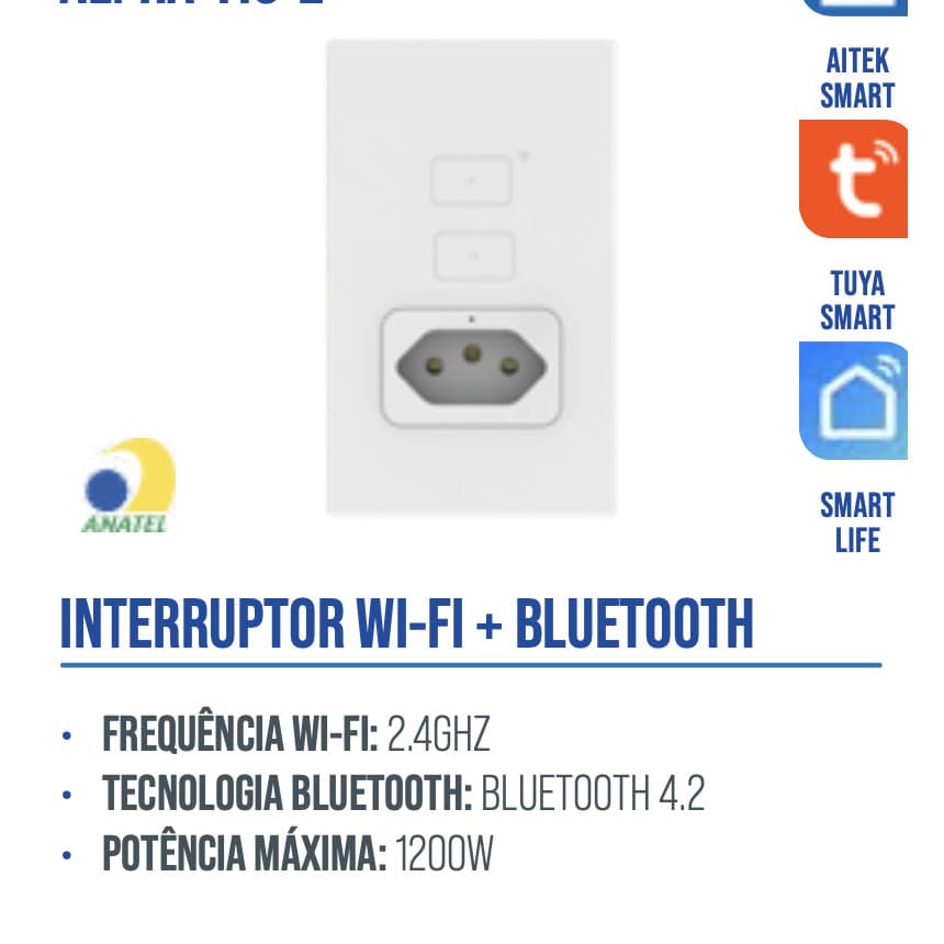 INTERRUPTOR WIFI TOUCH 2 TECLAS COM TOMADA BRANCO APP TUYA ALPHA110-2 AITEK