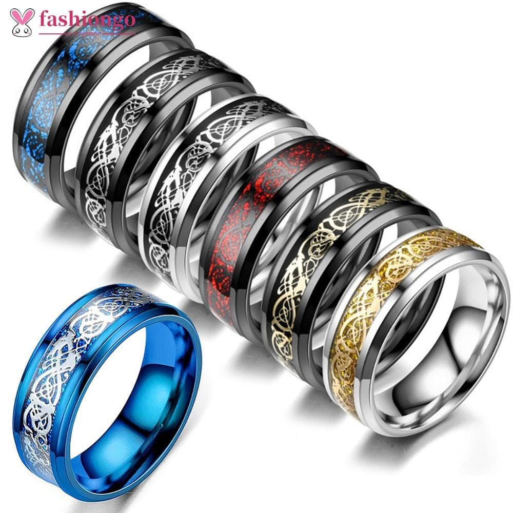 FASHIONGO Anel De Titânio De Aço Inoxidável De 8 Mm Anéis De Dragão Celta 7 Cores Incrustadas Vermelho Azul Preto Fibra