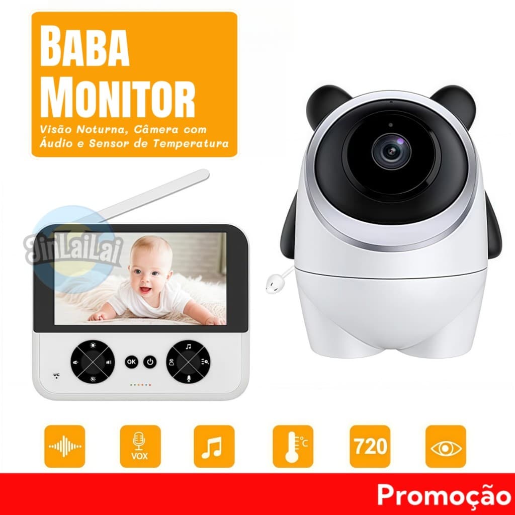 Babá Eletrônica Sem Fio com Monitor – Visão Noturna, Câmera com Áudio e Sensor de Temperatura